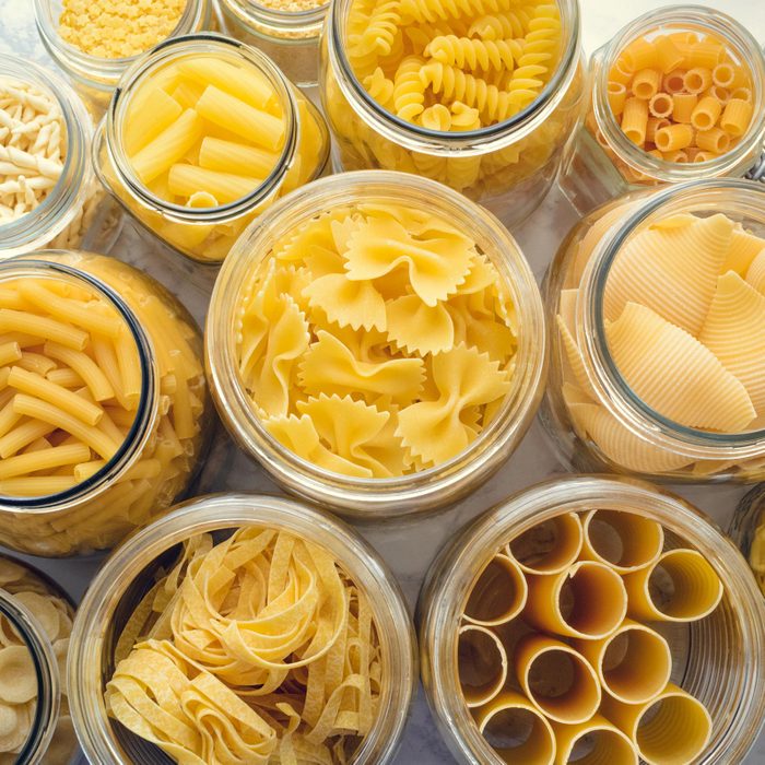 Variety Of Shapes Of Italian Pasta in glass jars
