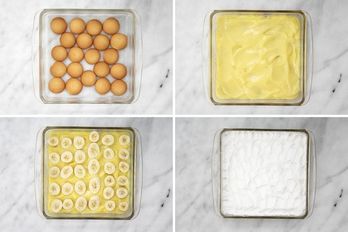 grid of four different steps in layering pan for banana pudding dump cake