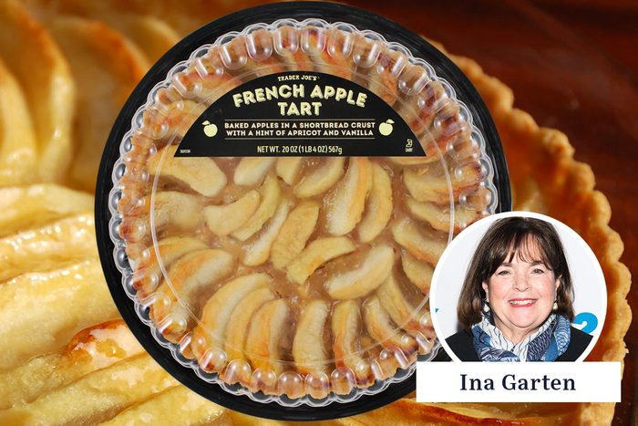 Trader Joes French Apple Tart Endorsed by Ina Garten layed over a French Apple Tart