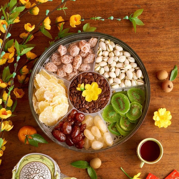 Tray of Togetherness with a variety of dried fruits and nuts for a Chinese new year celebration