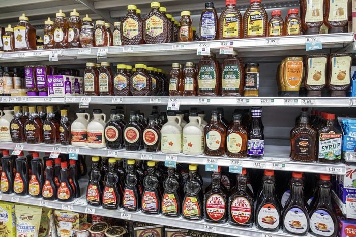 Miami Beach, Florida, Publix grocery store, shelves maple syrup bottles