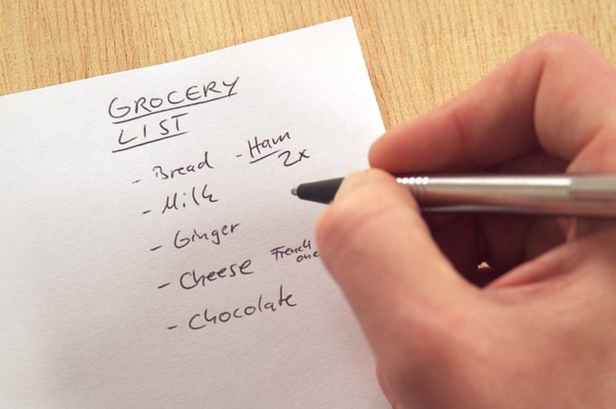 Handwritten grocery list on white note-paper, hand writing with pen on a wooden counter background