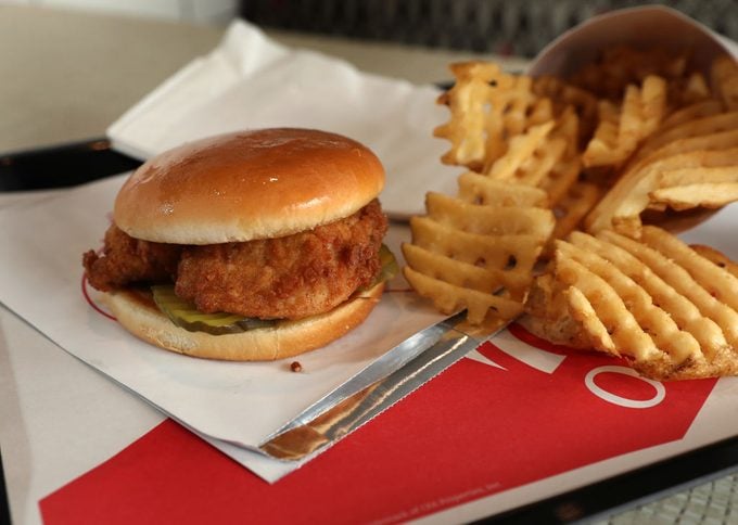 Chick-Fil-A Chicken SAndwich and waffle fries at a restaurant franchise in Dedham Maine