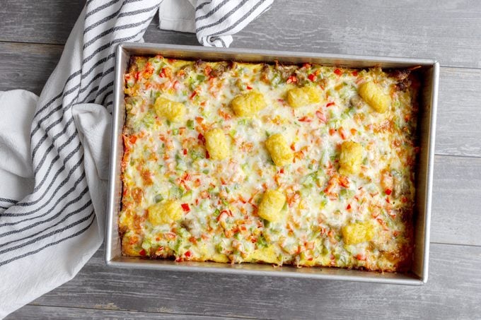 Tater Tot Casserole in a pan