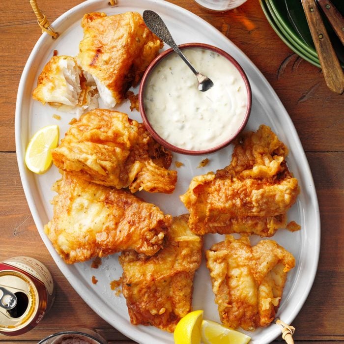 Fish Fry on an oval plate with a side bowl of tarter sauce
