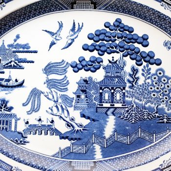 Traditional willow pattern design on antique Victorian serving platter
