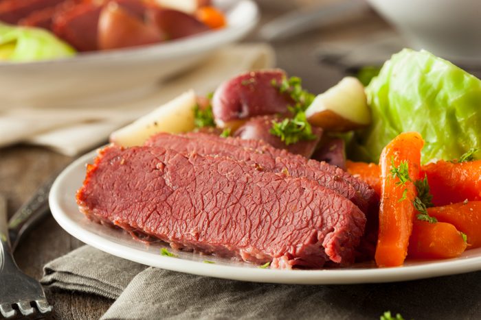 Homemade Corned Beef and Cabbage with Carrots and Potatoes Side View