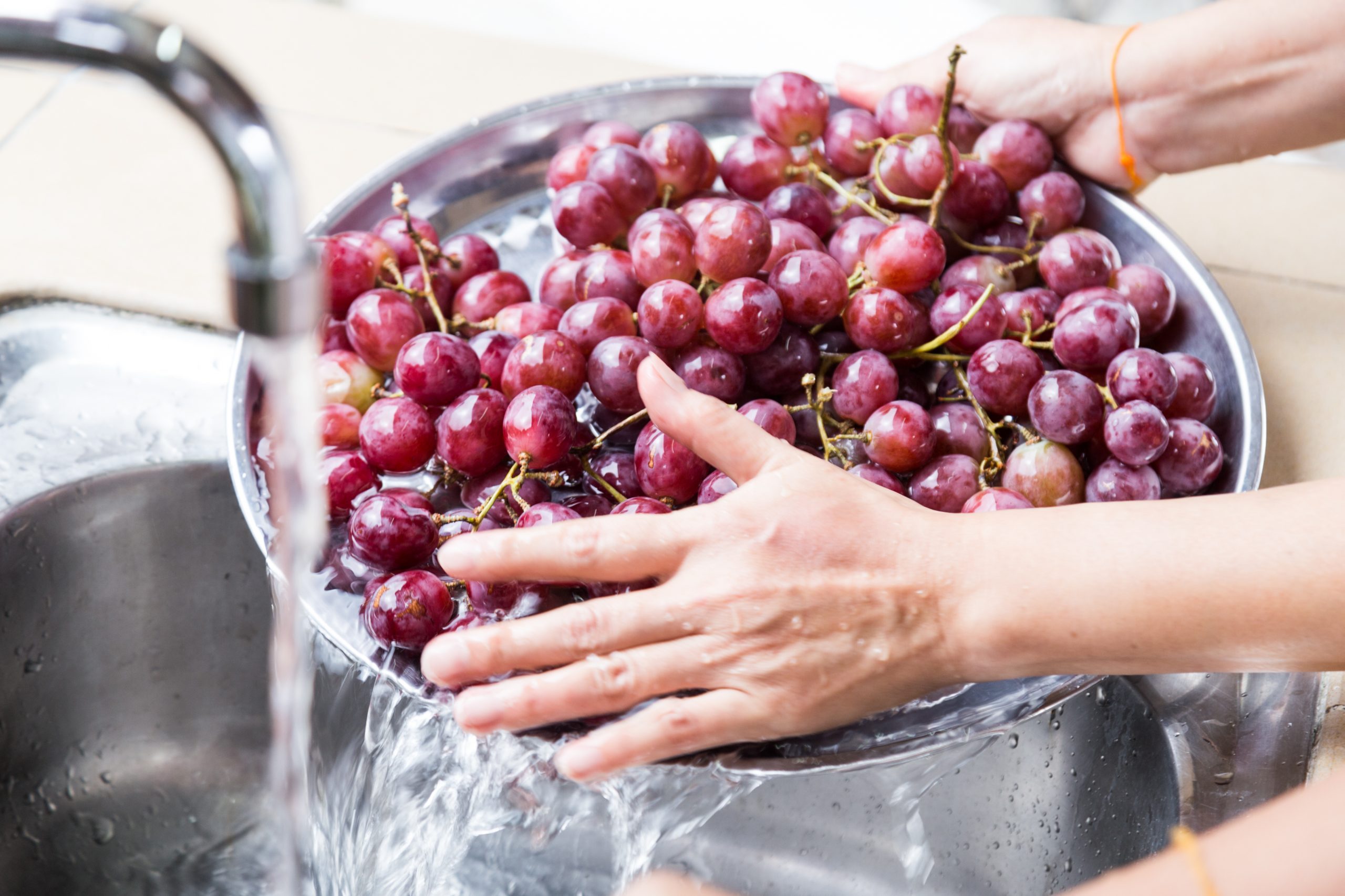 Person's hand washing grapes with running water in household sink