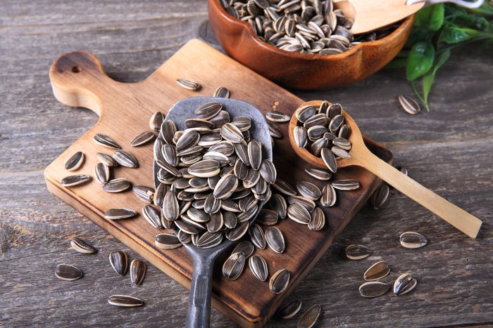 Sunflower Seeds on a wooden spoon