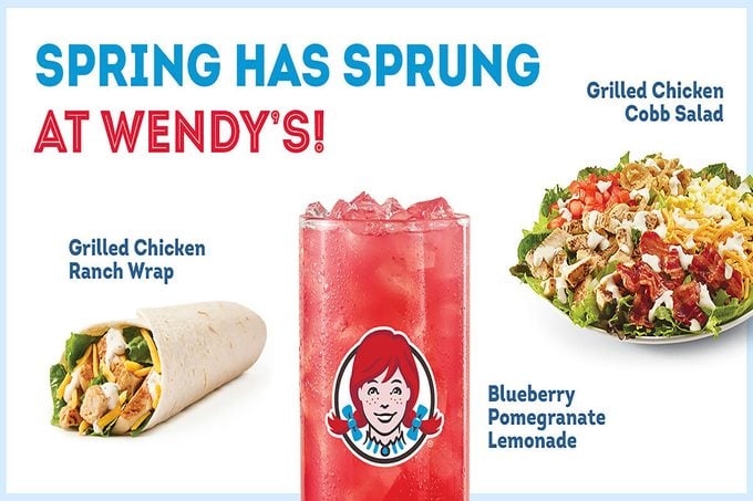 Wendys Spring Menu 2023 with a Grilled Chicken Ranch Wrap, Grilled Chicken Cobb Salad and a Blueberry Pomegranate lemonade