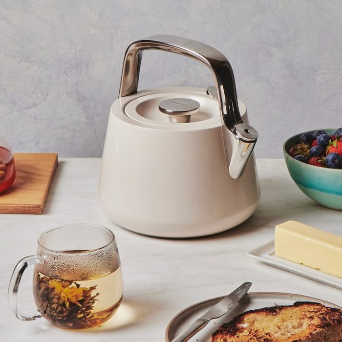 Whistling Tea Kettle In White And Gold Ecomm Via Caraway
