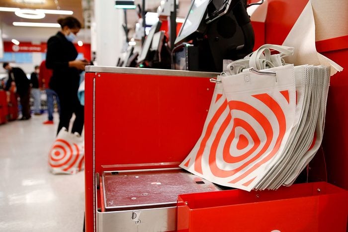View of Reusable Shopping Bags at a Target Store Checkout in New York