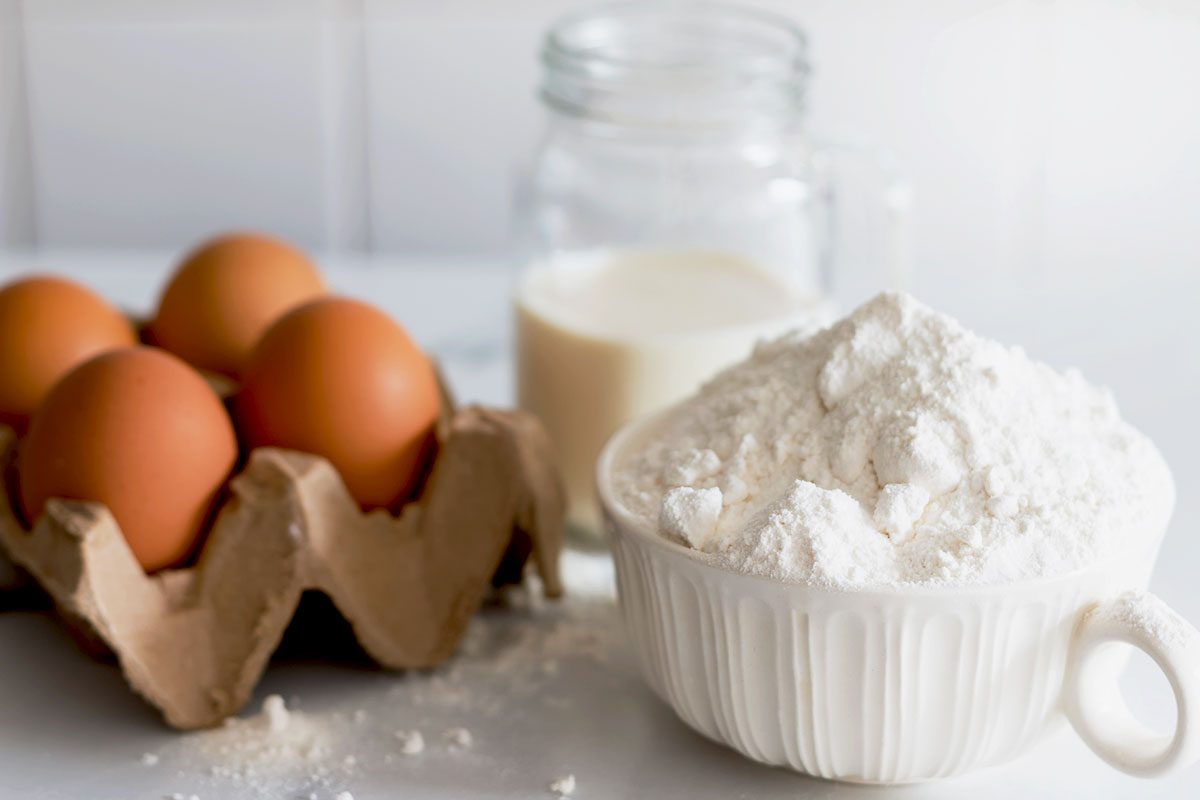 Flour, Egg And Milk on white isolated background 