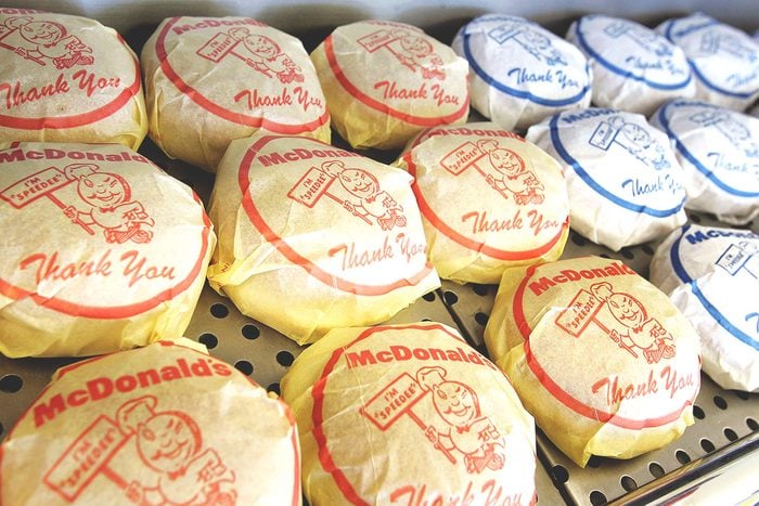 A wrapped cheeseburger and hamburger display sits inside the McDonald's USA First Store Museum April 14, 2005 in Des Plaines, Illinois