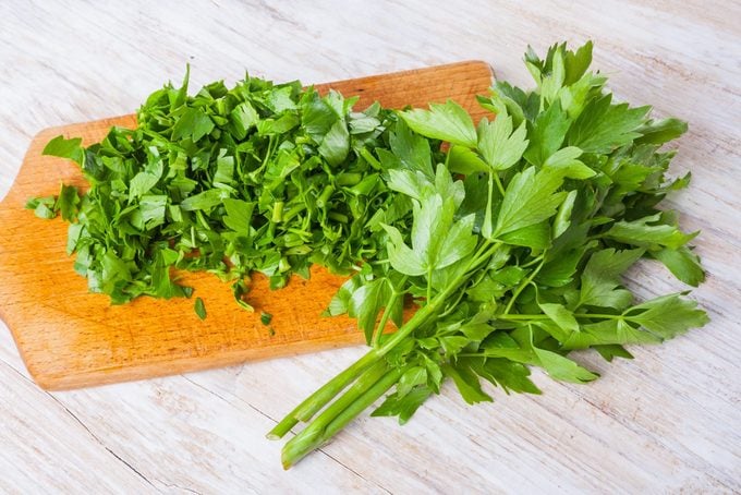 lovage leaves on a wooden table