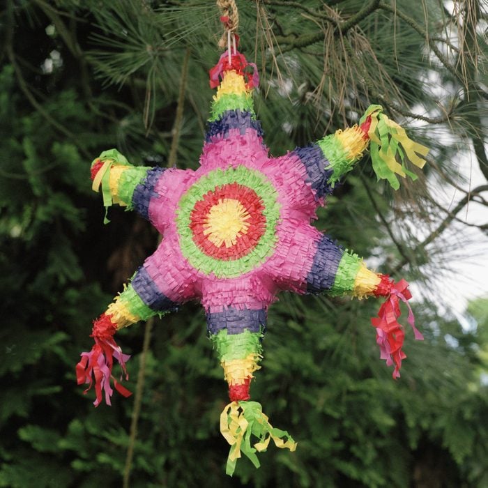 A pinata suspended from a tree