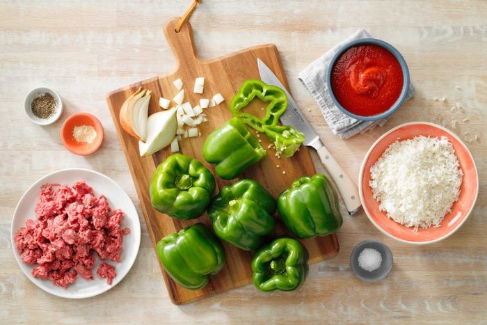 Traditional Stuffed Peppers Overhead Shot Of All Ingredients