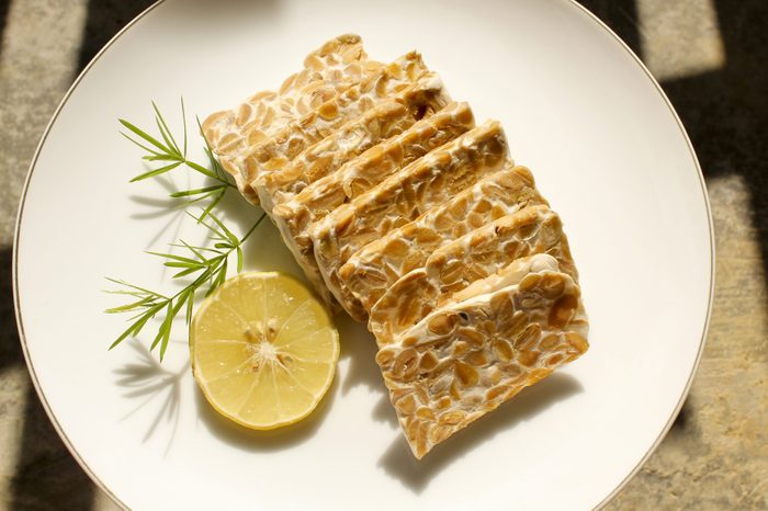 Close-up of raw tempe slices