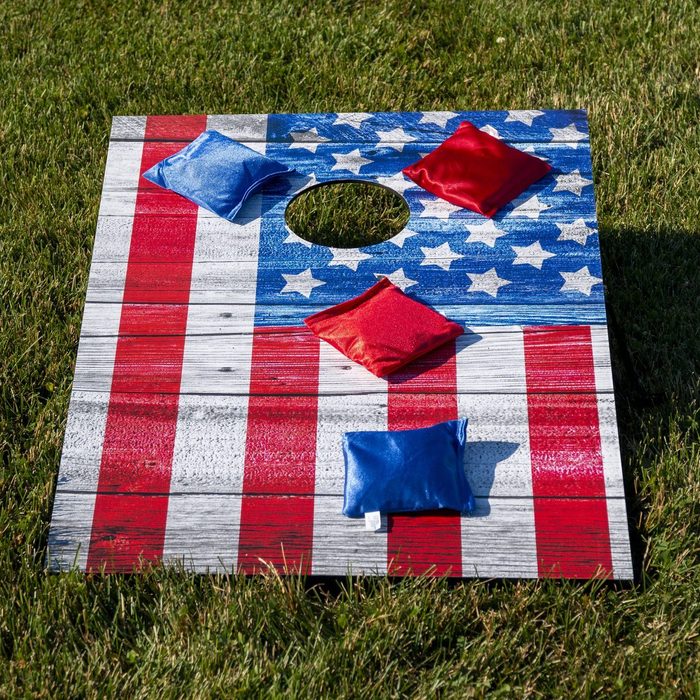 American Flag cornhole game with red and blue bean bags
