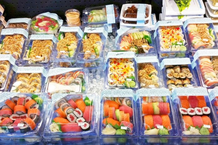 Grocery Store Sushi in a cooler case