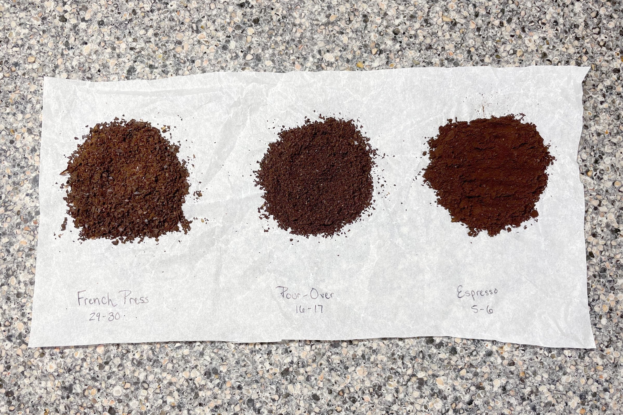 samples of coffee grounds from using the Baratza Encore Conical Burr Coffee Grinder 