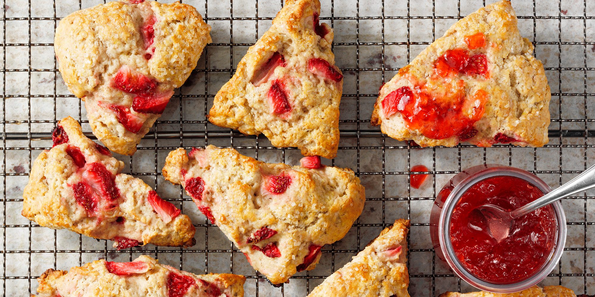 Strawberry scones on a wire rack