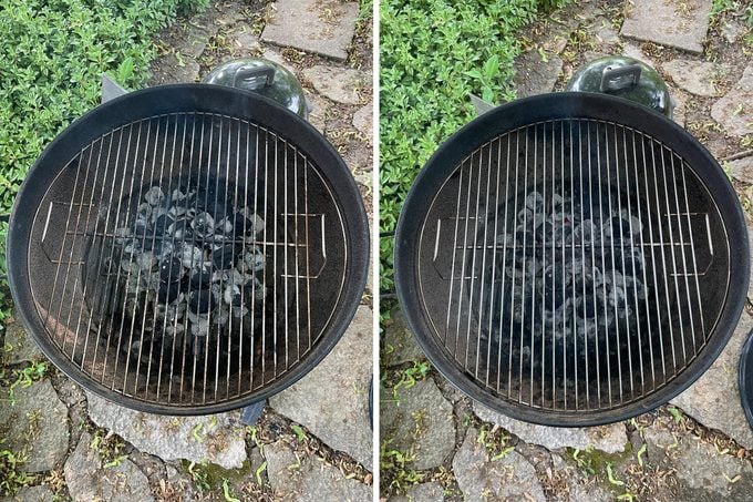 before and after cleaning a charcoal grill with a BBQ rub daddy