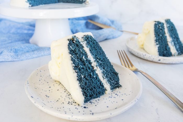 blue velvet cake slice on a plate