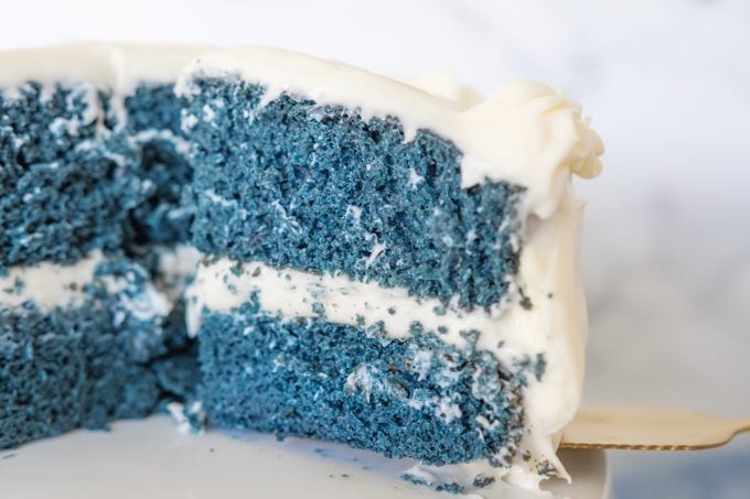 close up of blue velvet cake