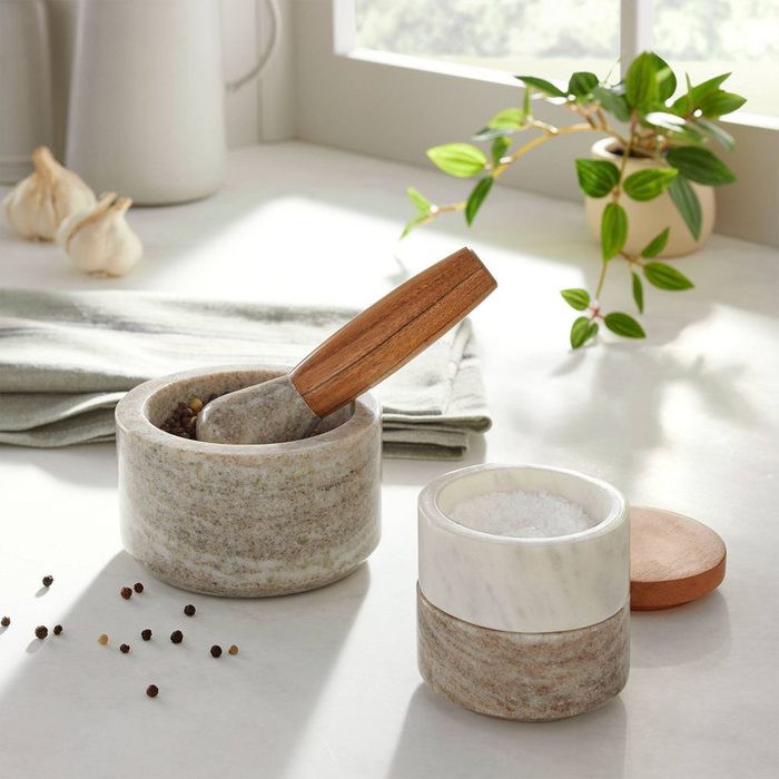 Marble And Wood Mortar And Pestle Set