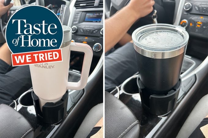 cup holder extender with two different oversized cups in the car