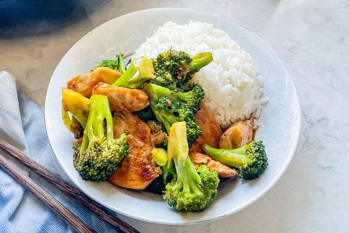 Chinese Chicken and Broccoli with Rice in Plate
