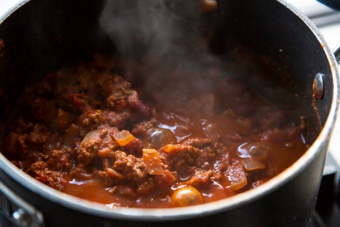 Close up of a pot of bubbling Chili Con Carne Stew