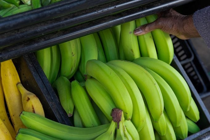 Close up of hand selecting green bananas on a farmers market stall