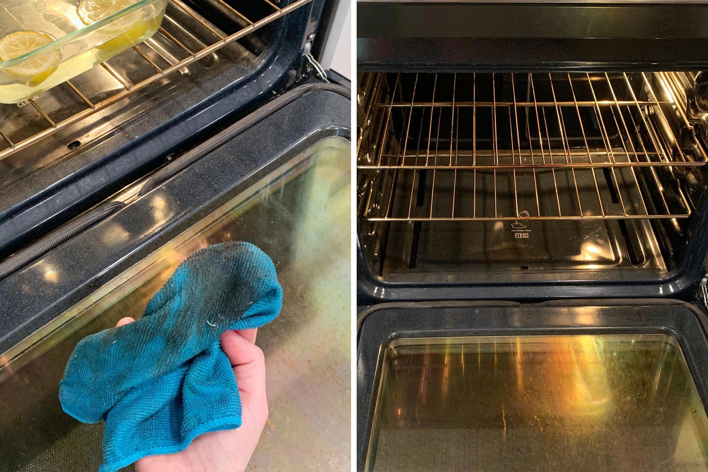 Cleaning Oven With Lemon dirty rag and oven after being cleaned