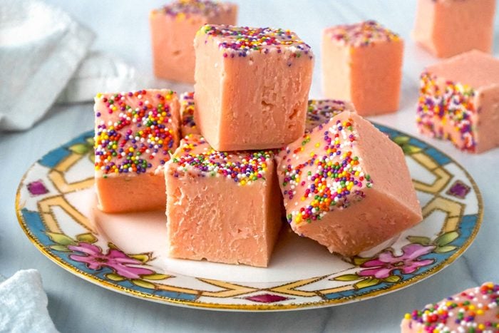 Pink Lemonade Fudge with Sprinkles served in a Pretty Plate