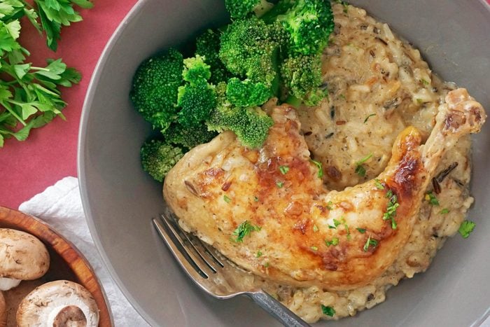 No Peek Chicken in a bowl with rice and broccoli