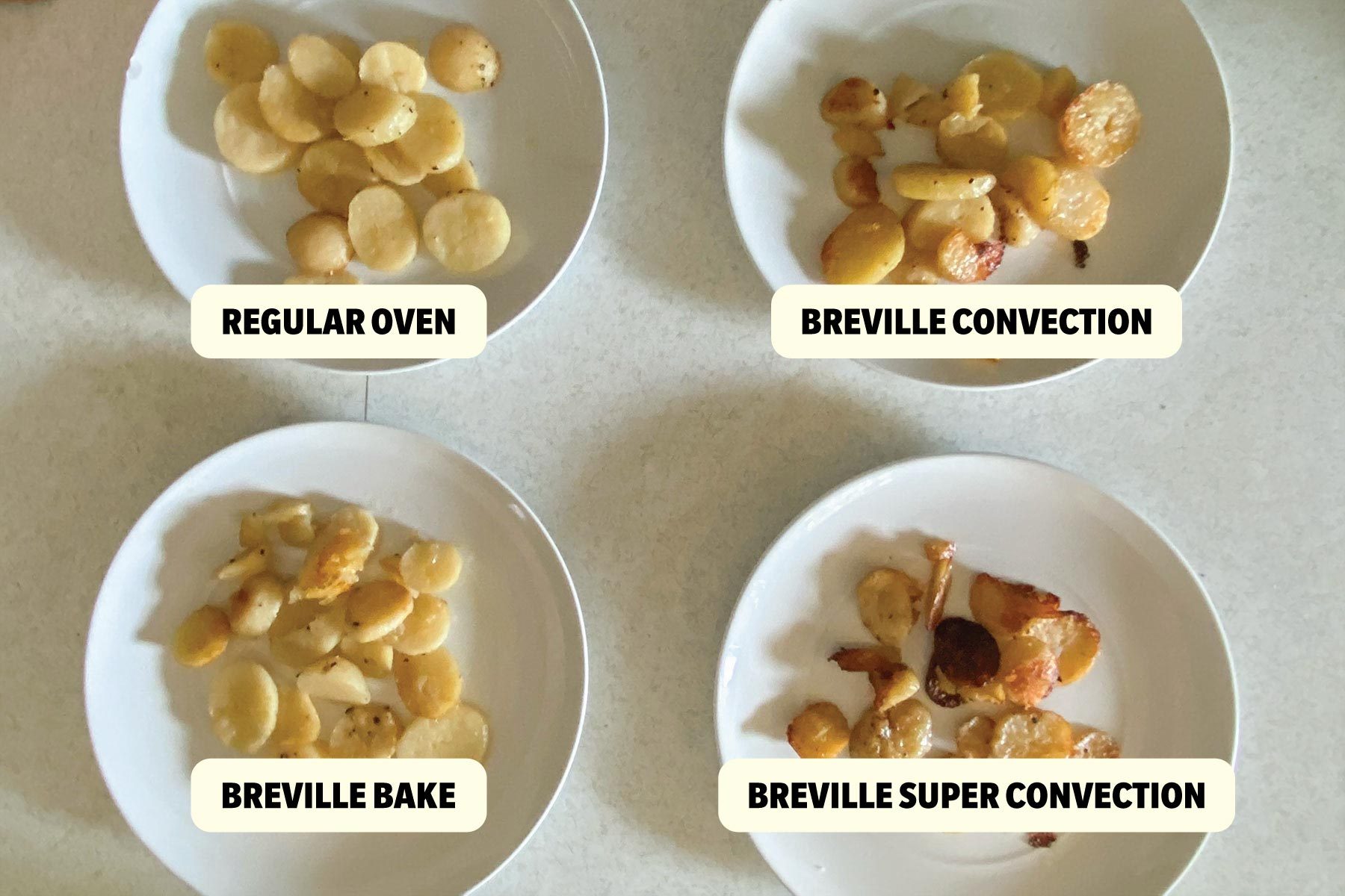 Breville Smart Oven Air Fryer Review with four types of cooked potatoes