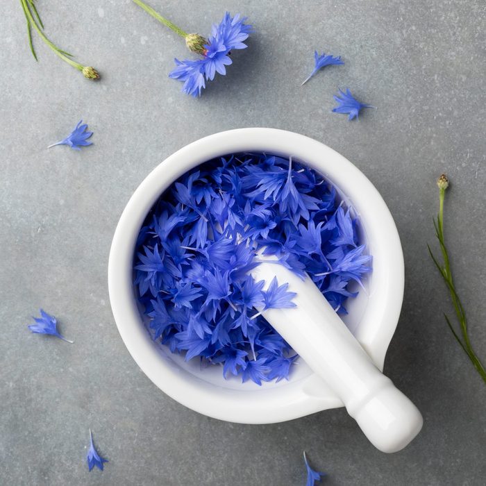 Blue petal of cornflowers in bowl for medical and cosmetic beauty products and spa. Flat lay and top view.