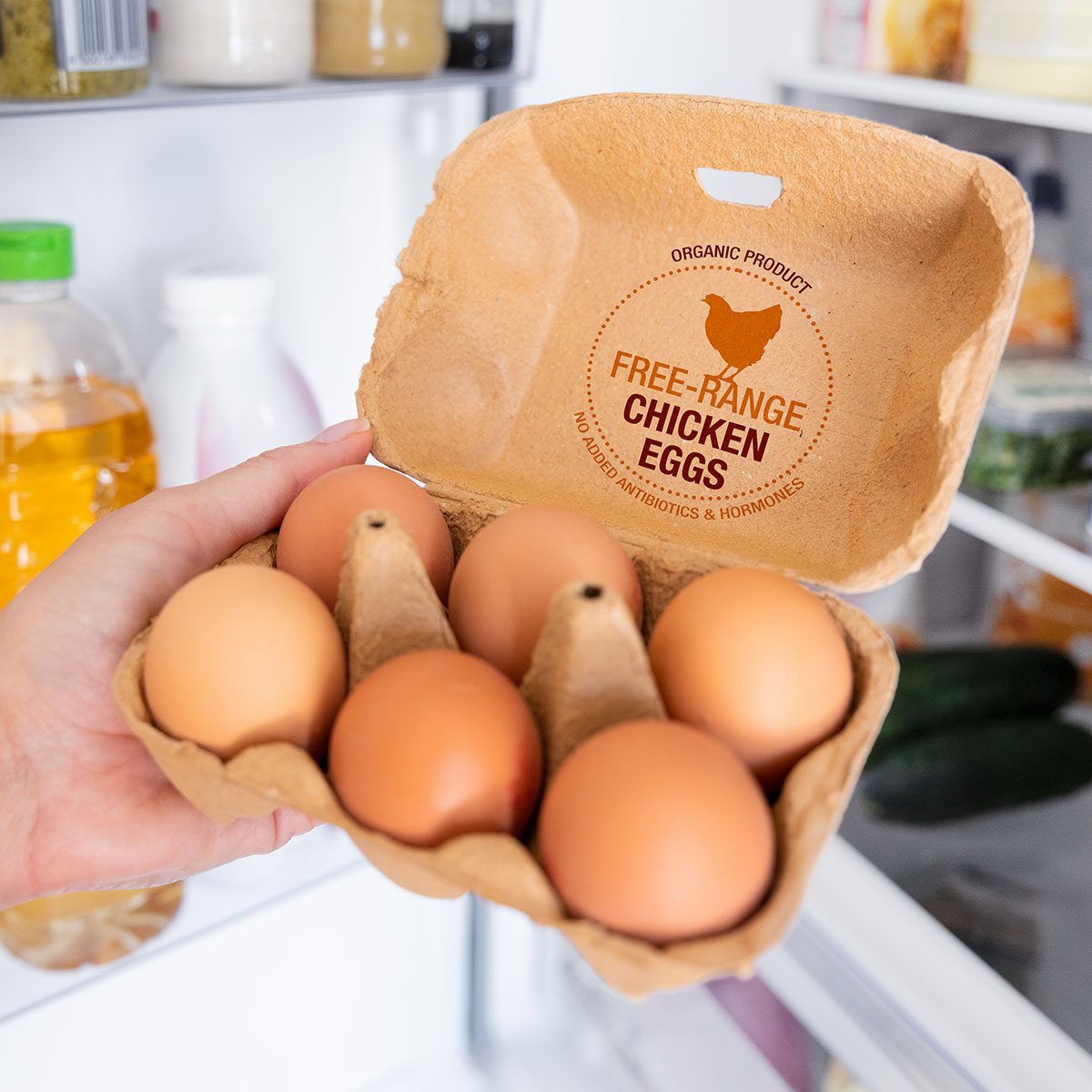Holding carton of eggs in front of a open fridge