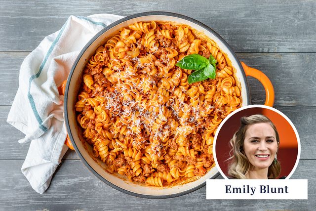 Emily Blunts Turkey Bolognese in a Pan on Wooden Surface