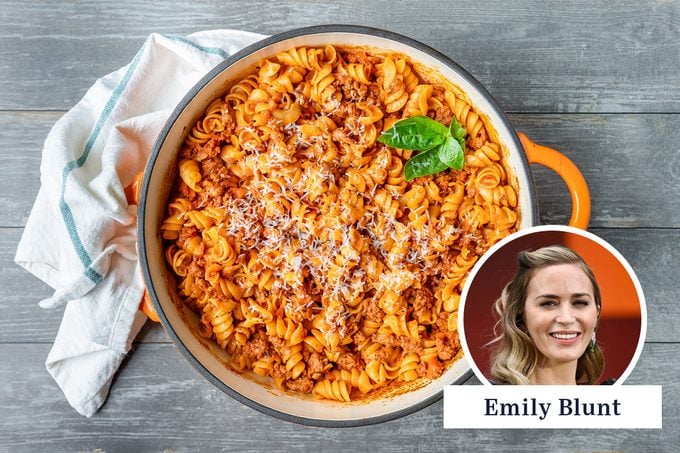 Emily Blunt’s Turkey Bolognese in a Pan on Wooden Surface