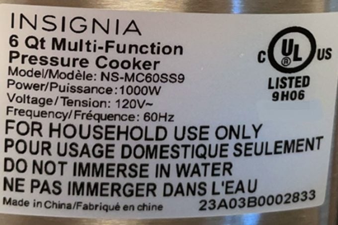 Insignia Recalled Pressure Cooker Label Courtesy Cpsc