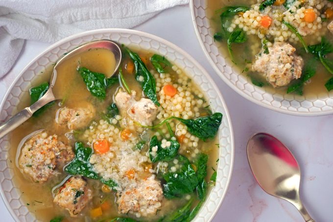 Styled Overhead Of Ina Garten Italian Wedding Soup Lauren Habermehl For Toh