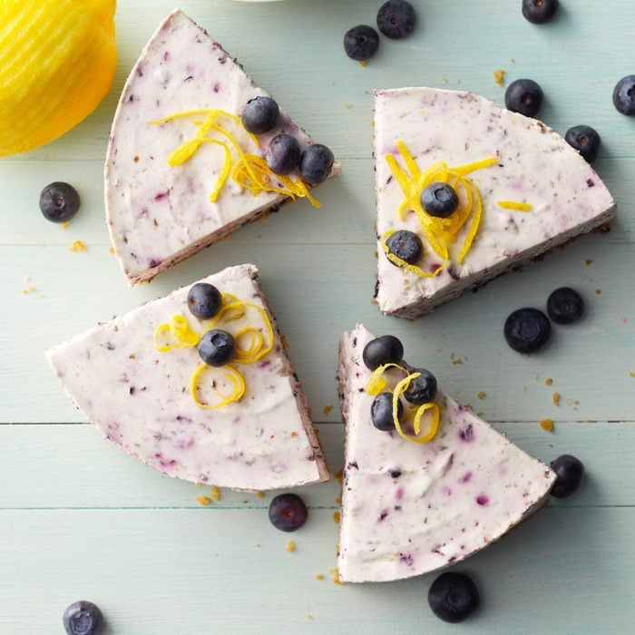 No Bake Blueberry Cheesecake sliced in pieces