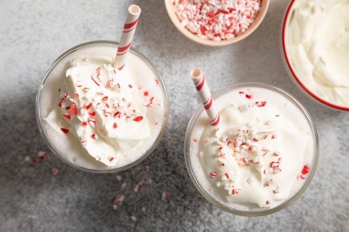 Peppermint Milkshake in glasses with straws