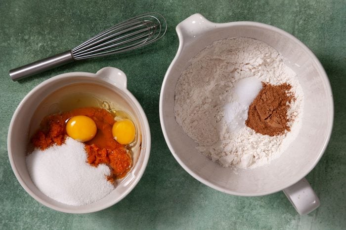 Eggs, Sugar and Pumpkin mix in a Bowl and Dry Ingredients in other Bowl 