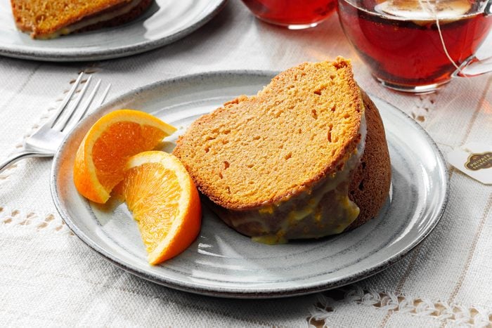 Sweet Potato Pound Cake with Orange Slices on a Plate