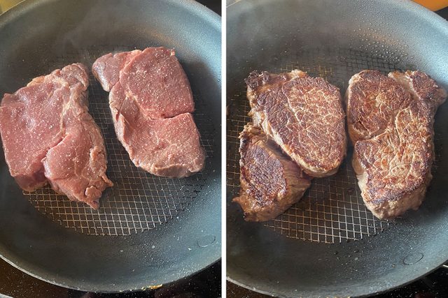 Steak before and after being cooked