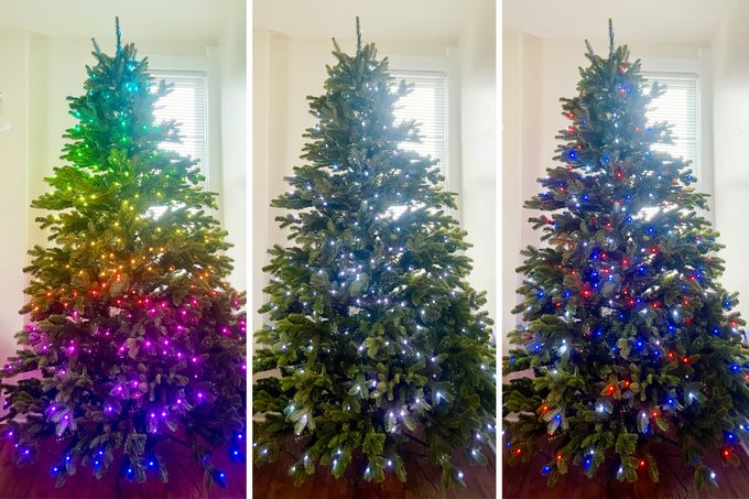 three different light settings on smart twinkly tree
